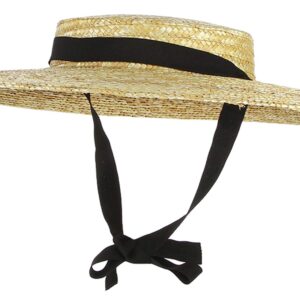 Jelord Women Vintage Boater Straw Hat Wide Brim Flat Top Floppy Derby Straw Hat Beach Sun Hats with Chin Strap Brim:12cm Beige