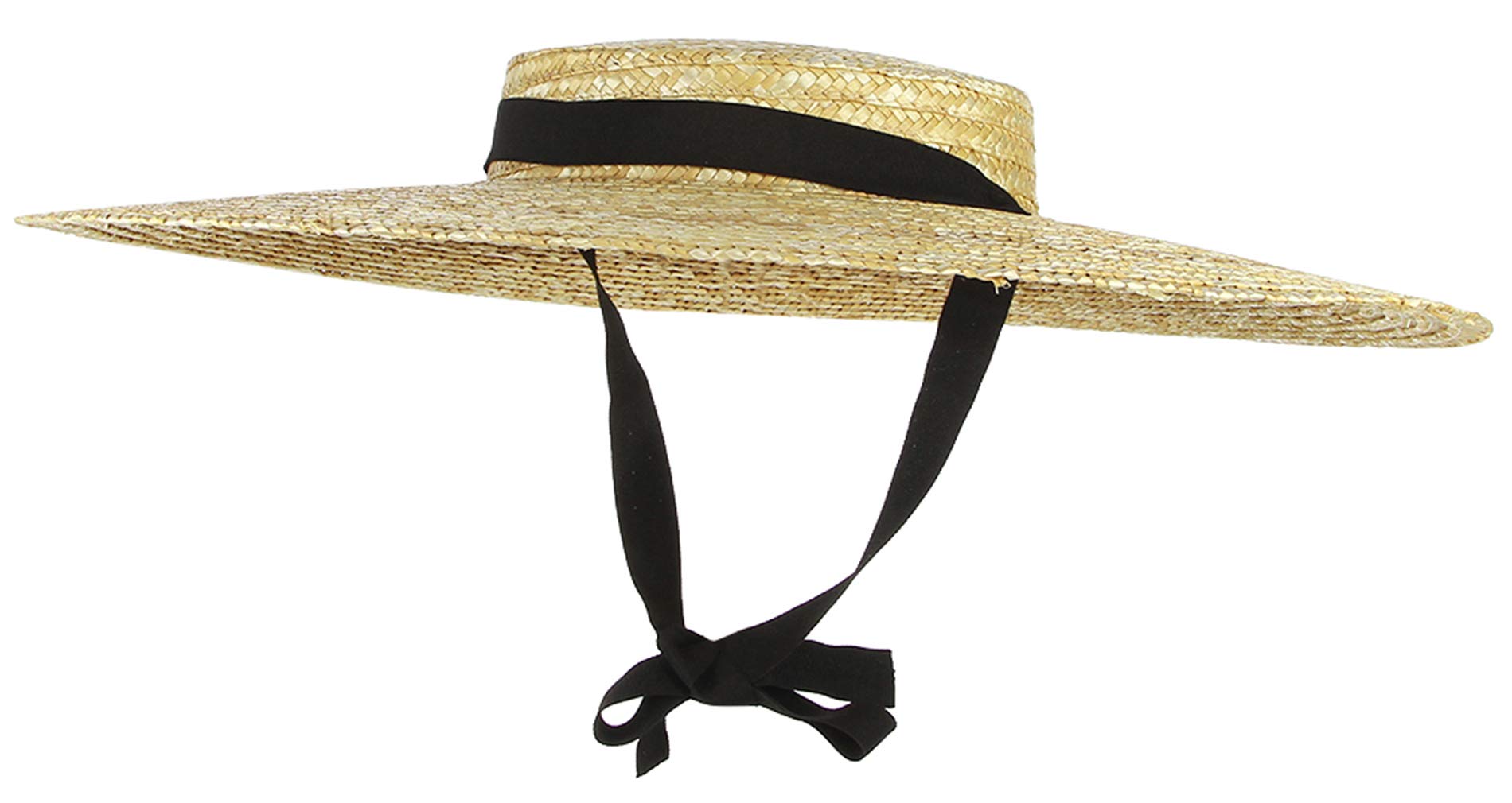 Jelord Women Vintage Boater Straw Hat Wide Brim Flat Top Floppy Derby Straw Hat Beach Sun Hats with Chin Strap Brim:12cm Beige