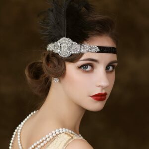 SWEETV 1920s Headpiece Flapper Headband, Rhinestone Feather Great Gatsby Headpiece Hair Accessories for Women (Black)