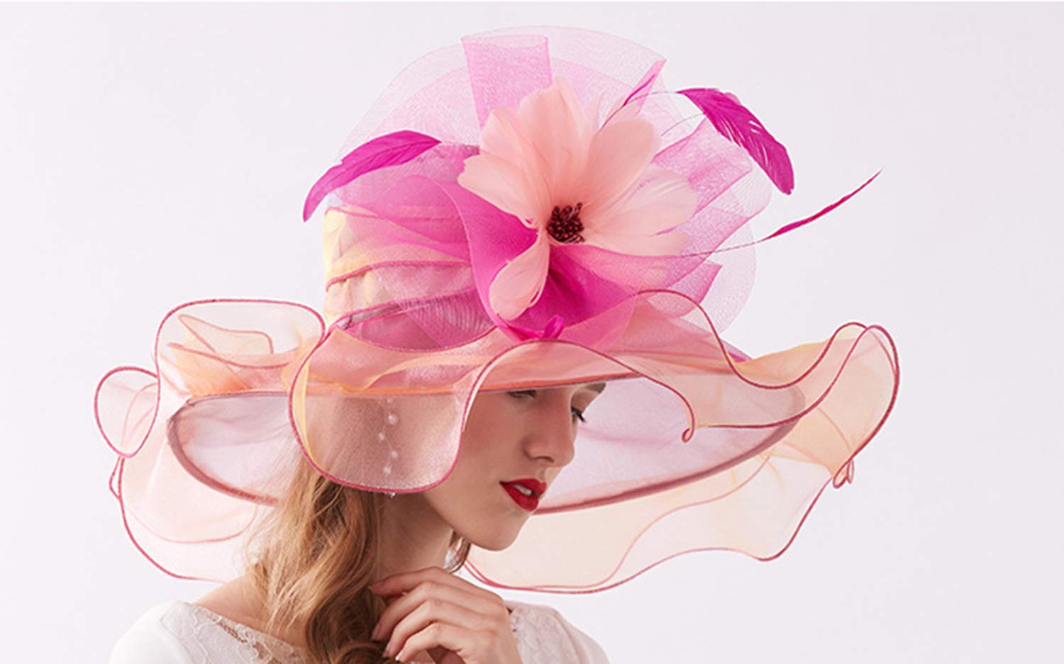 Oridoor Women Organza Fascinator Church Kentucky Derby Hat Floral Tea Party Wedding Hat Rose, 003C Rose And Pink