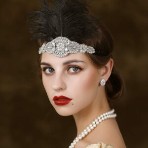 SWEETV 1920s Headpiece Flapper Headband, Rhinestone Feather Great Gatsby Headpiece Hair Accessories for Women (Black)