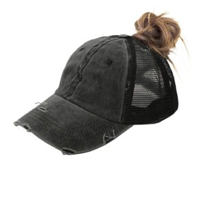 Eohak Distressed Ponytail Hats Baseball for Women Messy-Bun Pony Caps (Black)