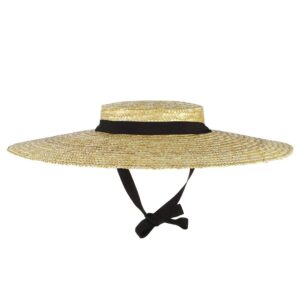 Jelord Women Vintage Boater Straw Hat Wide Brim Flat Top Floppy Derby Straw Hat Beach Sun Hats with Chin Strap Brim:12cm Beige