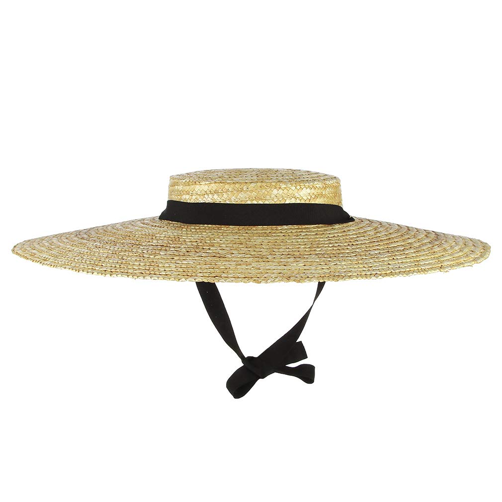 Jelord Women Vintage Boater Straw Hat Wide Brim Flat Top Floppy Derby Straw Hat Beach Sun Hats with Chin Strap Brim:12cm Beige