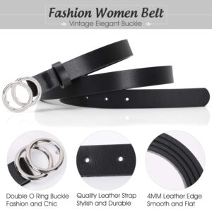 SANSTHS Double Ring Black Leather Belts for Women Gold Buckle Thin Dress Belt for Jeans Pants, Black S