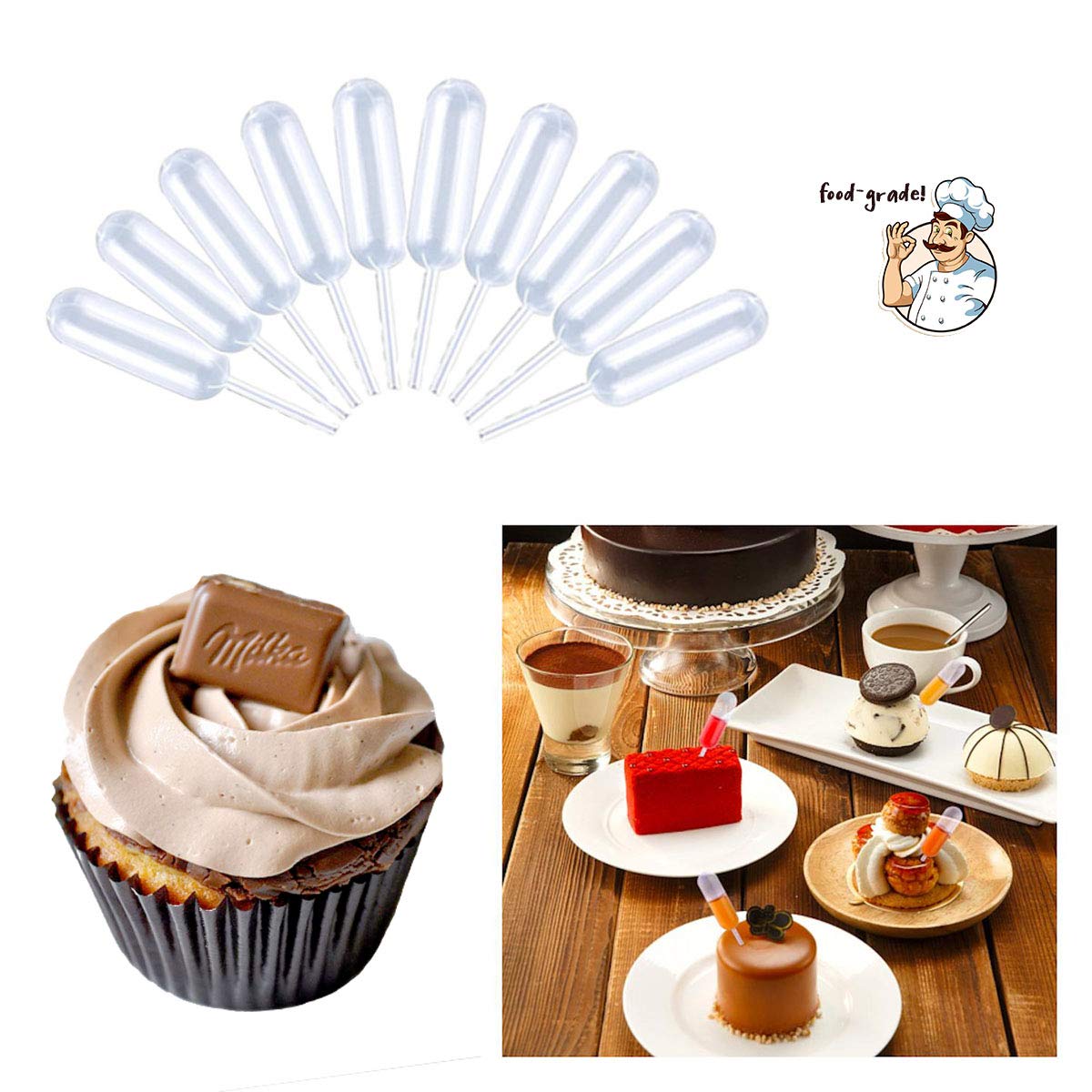 moveland 4ml Plastic Cupcake Pipettes Squeeze Syringes, 50 Pcs Disposable Liquid Injectors Squeeze Transfer Dropper for Strawberries Cupcakes Desserts