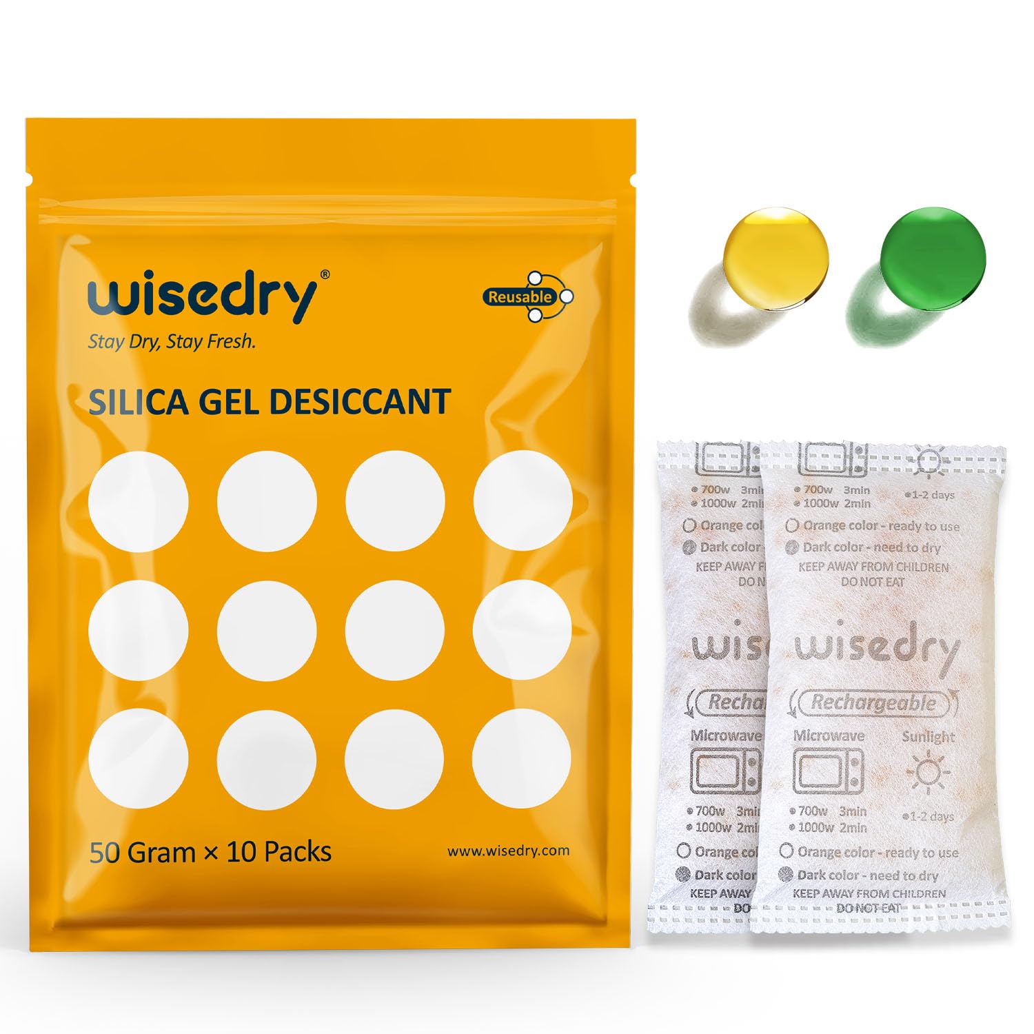 wisedry 50 Gram [10 Packs] Silica Gel Packets Microwave Fast Reactivate Desiccan Packs with Indicating Beads