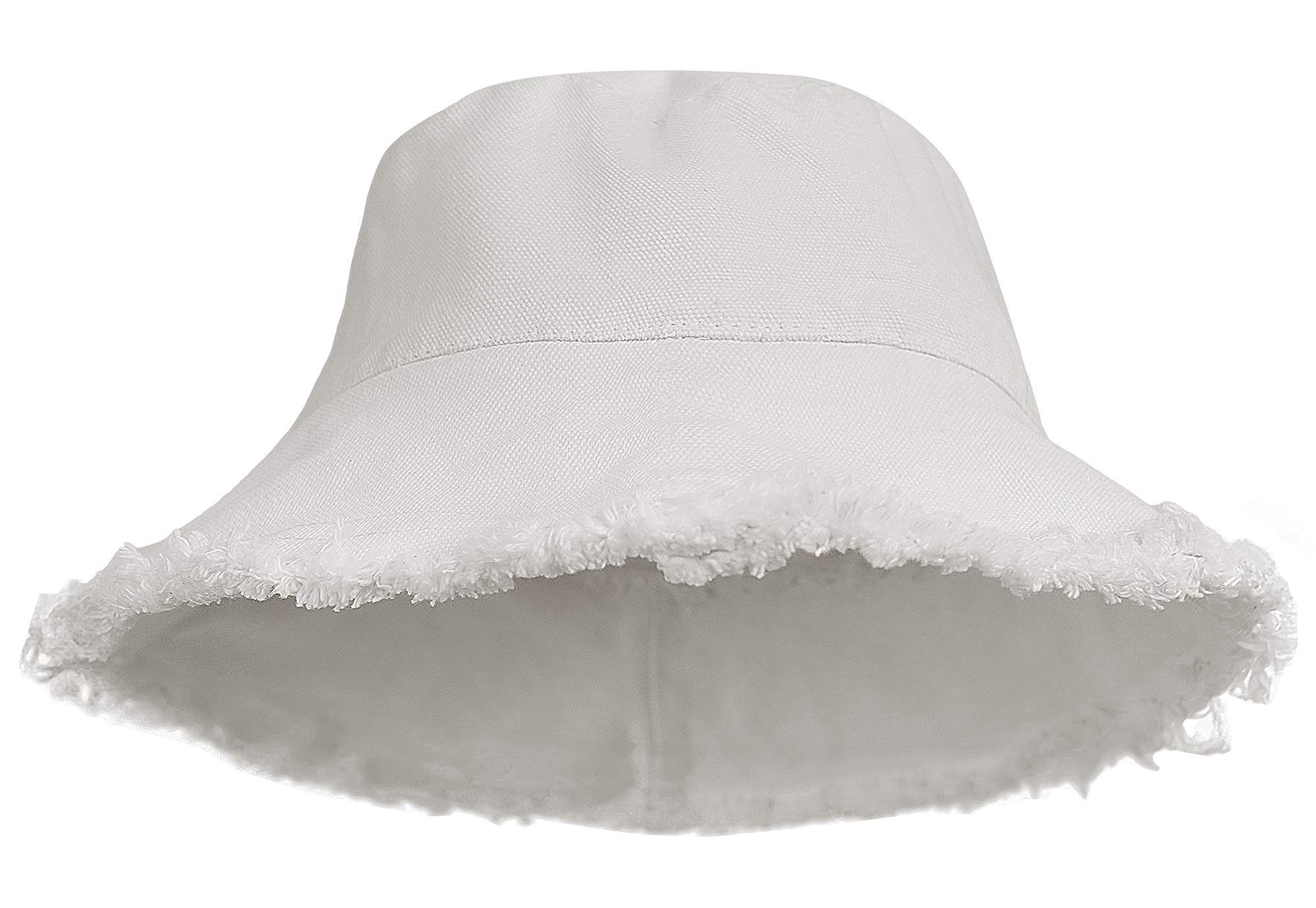 Womens Bucket-Hat Distressed Sun-Protection Washed-Cotton - Summer Wide Brim Beach Cap(7 1/8 Size) (White 01)