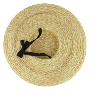 Jelord Women Vintage Boater Straw Hat Wide Brim Flat Top Floppy Derby Straw Hat Beach Sun Hats with Chin Strap Brim:12cm Beige