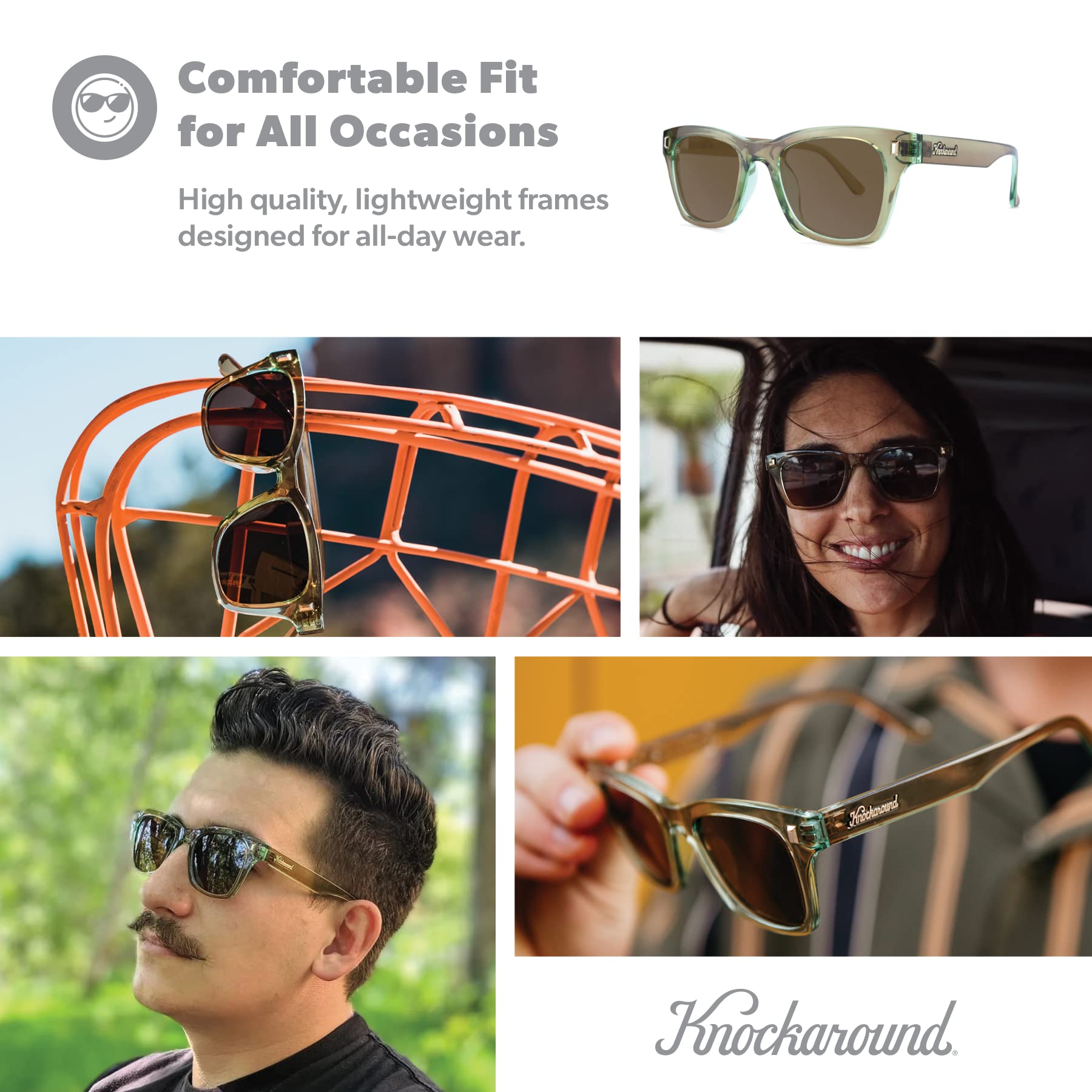 Knockaround Seventy Nines Polarized Sunglasses for Women & Men - Impact Resistant Lenses & Full UV400 Protection, Translucent Sage Frames/Amber Lenses