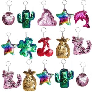 outee sequin keychain 15 pcs flip sequin keychain for mermaid tail clover cat animals shape christmas gift party favors for kids adults party favors gift back to school gifts 15 different designs