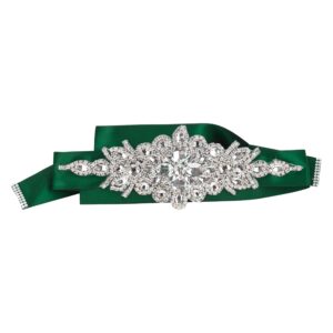 Wedding Dress Belt - Bridal Belt for Women Wedding Gown - Bridal Rhinestone Belts for Dresses by Mandala Crafts Plain Rhinestone Dark Green