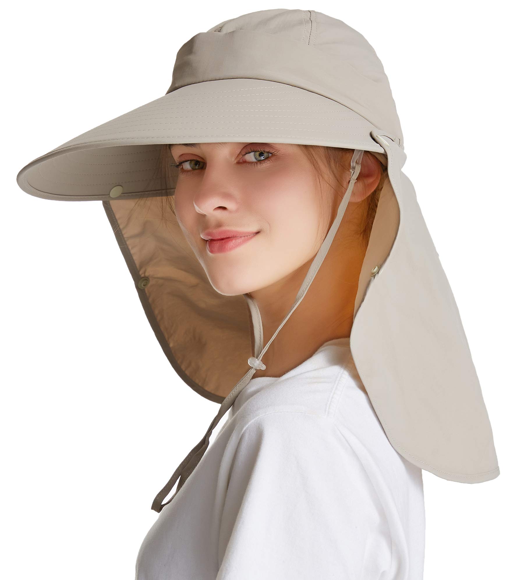 icolor Women Sun Cap Finshing Hats UPF+50 Detachable Face Mask Neck Flap Visor Wide Brim Sun Protection Hiking Hats Khaki