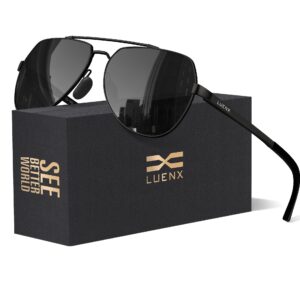 LUENX Men Women Aviator Sunglasses Polarized Shades Flexible Spring Hinge - Black Dark Lens Black Metal Frame 60MM