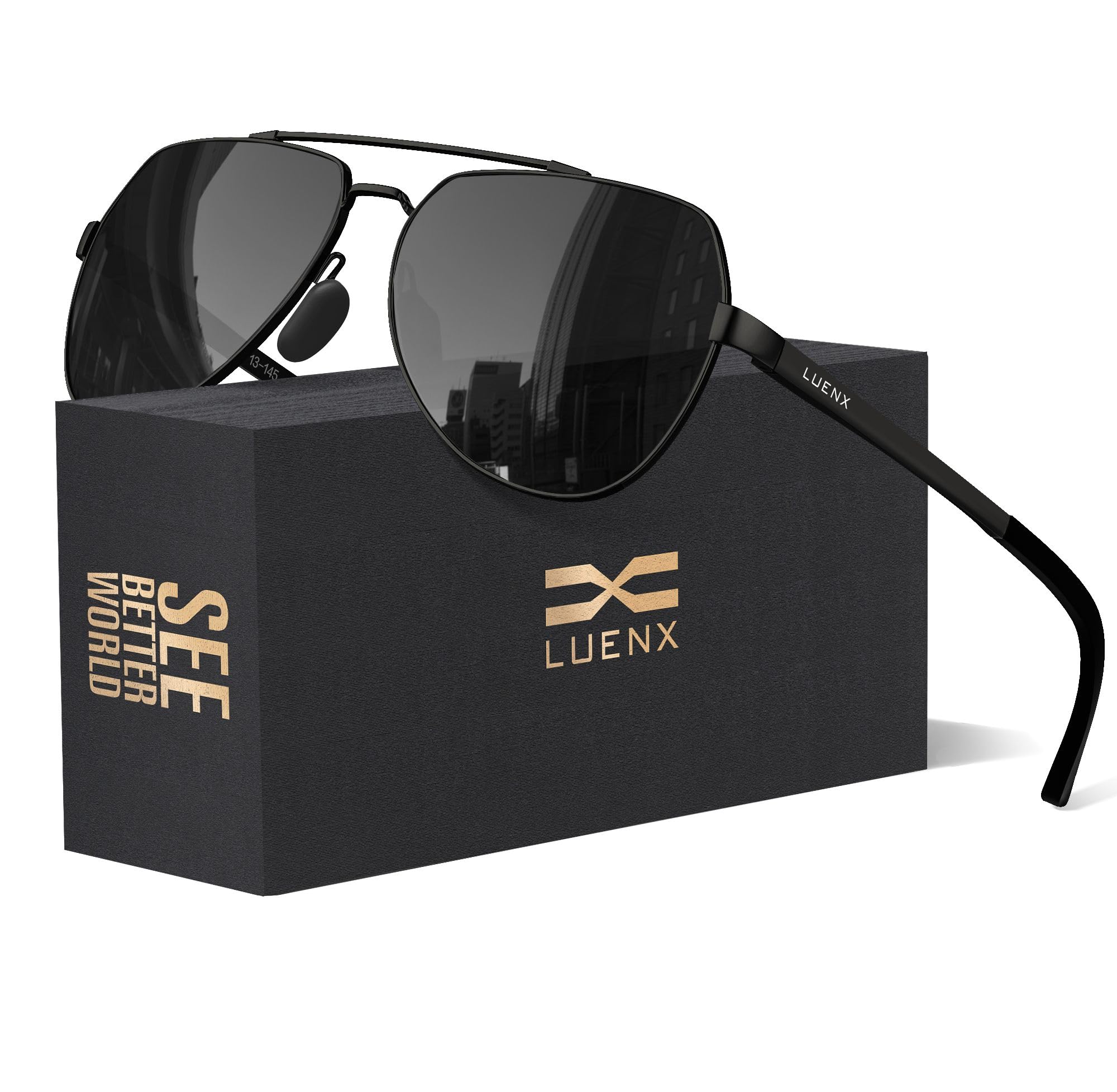 LUENX Men Women Aviator Sunglasses Polarized Shades Flexible Spring Hinge - Black Dark Lens Black Metal Frame 60MM