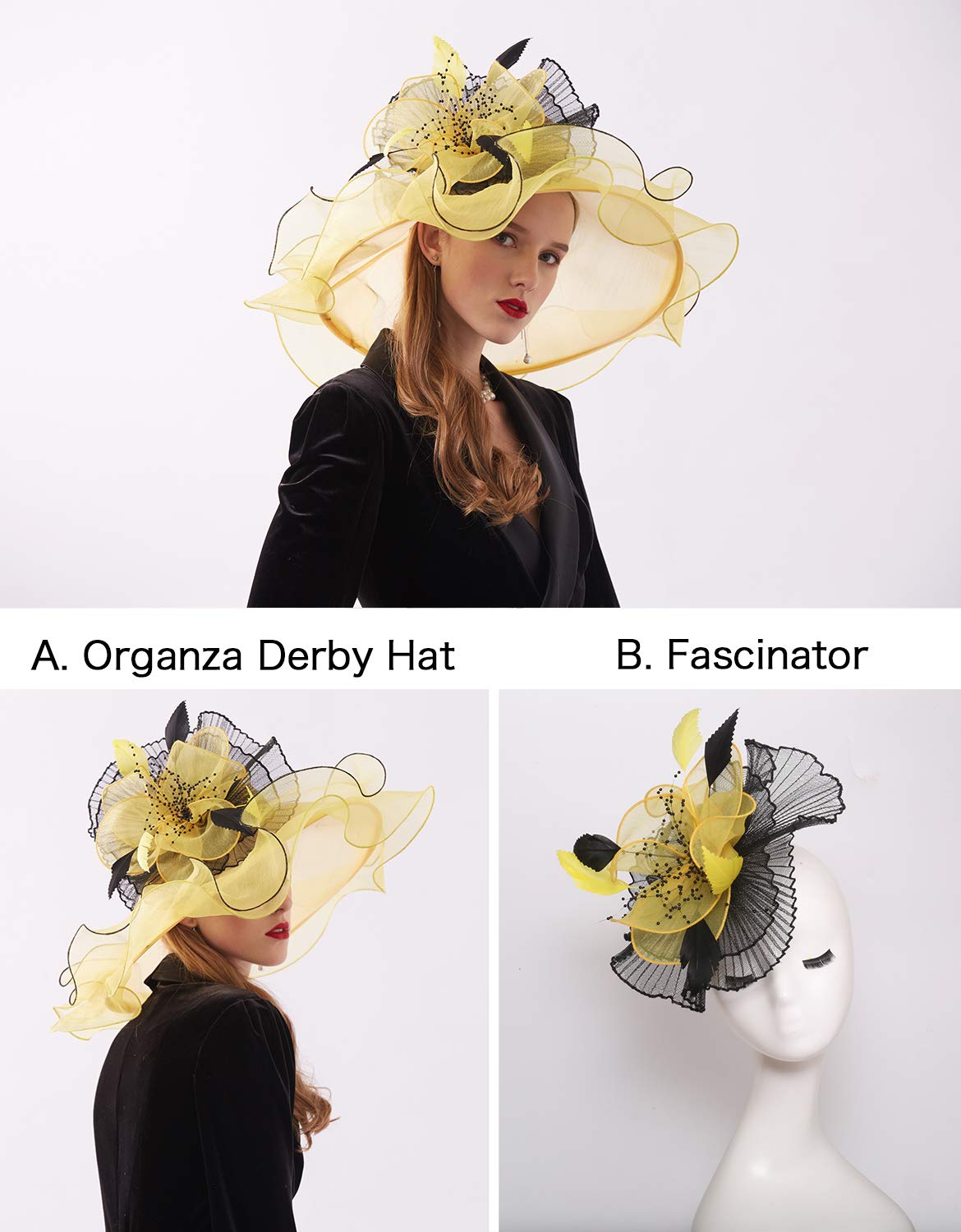 ORIDOOR Women Organza Fascinator Church Kentucky Derby Hat Floral Tea Party Wedding Hat, 003d Yellow, One Size