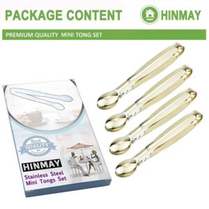 HINMAY Mini Serving Tongs 5 Inches Appetizer Tongs, Set of 4 (Gold)