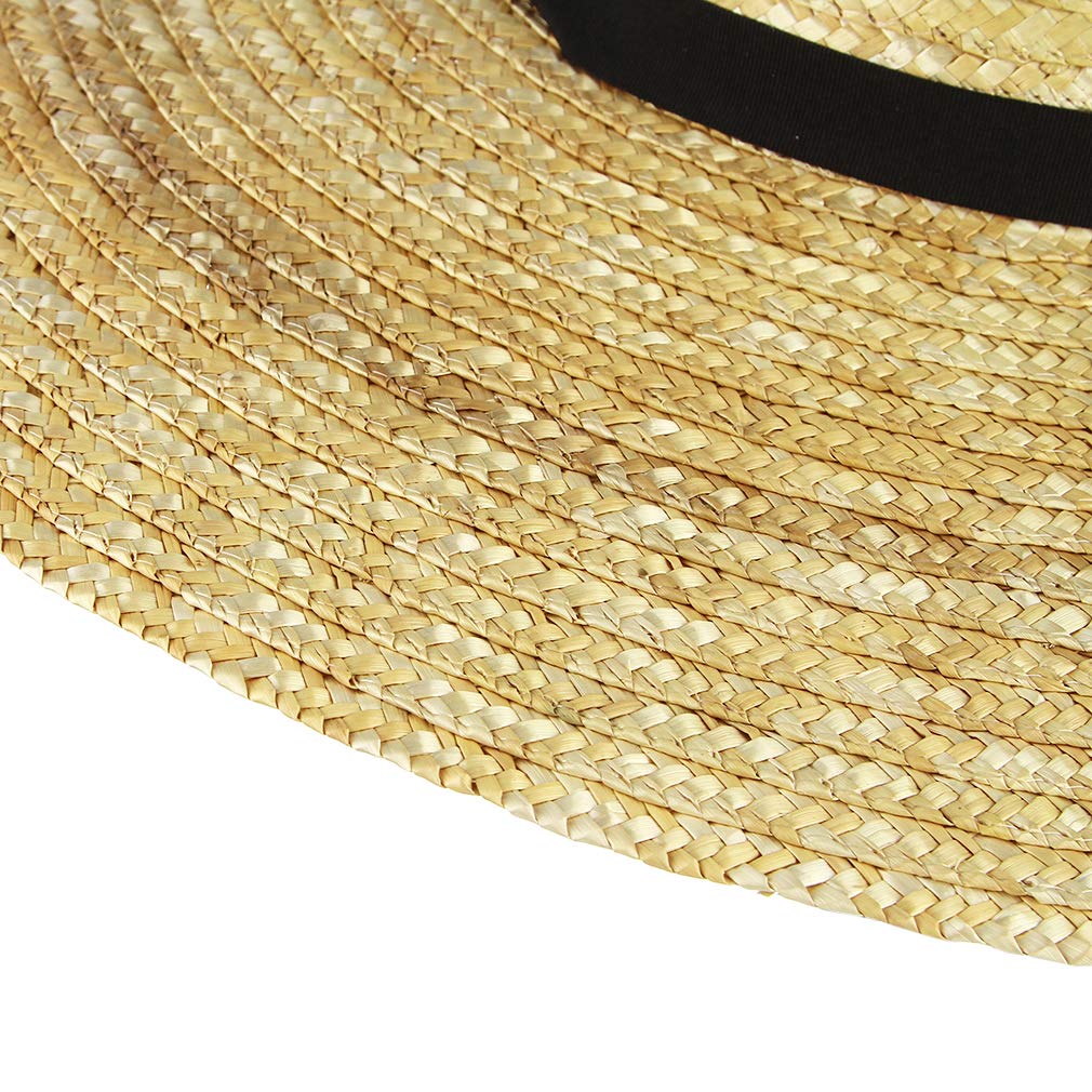 Jelord Women Vintage Boater Straw Hat Wide Brim Flat Top Floppy Derby Straw Hat Beach Sun Hats with Chin Strap Brim:12cm Beige