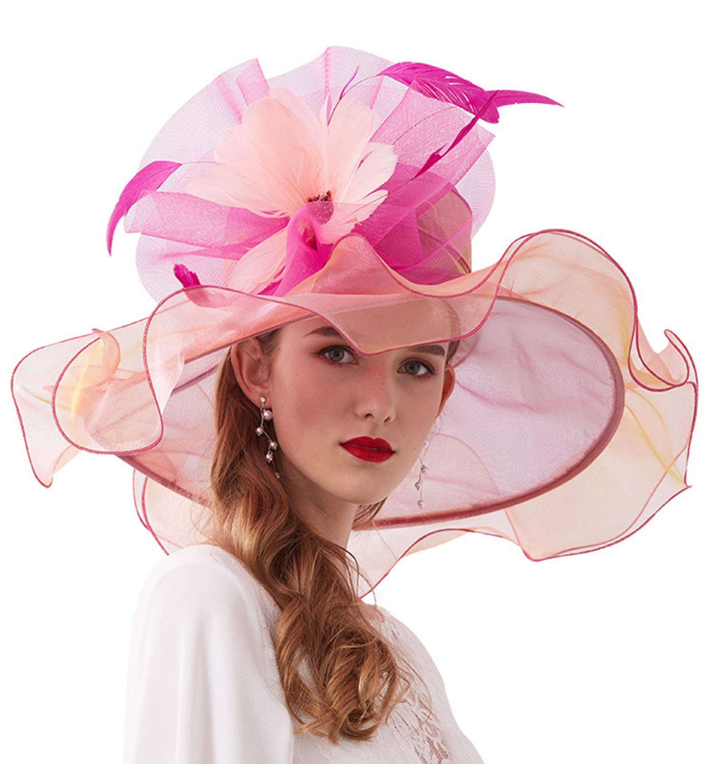 Oridoor Women Organza Fascinator Church Kentucky Derby Hat Floral Tea Party Wedding Hat Rose, 003C Rose And Pink