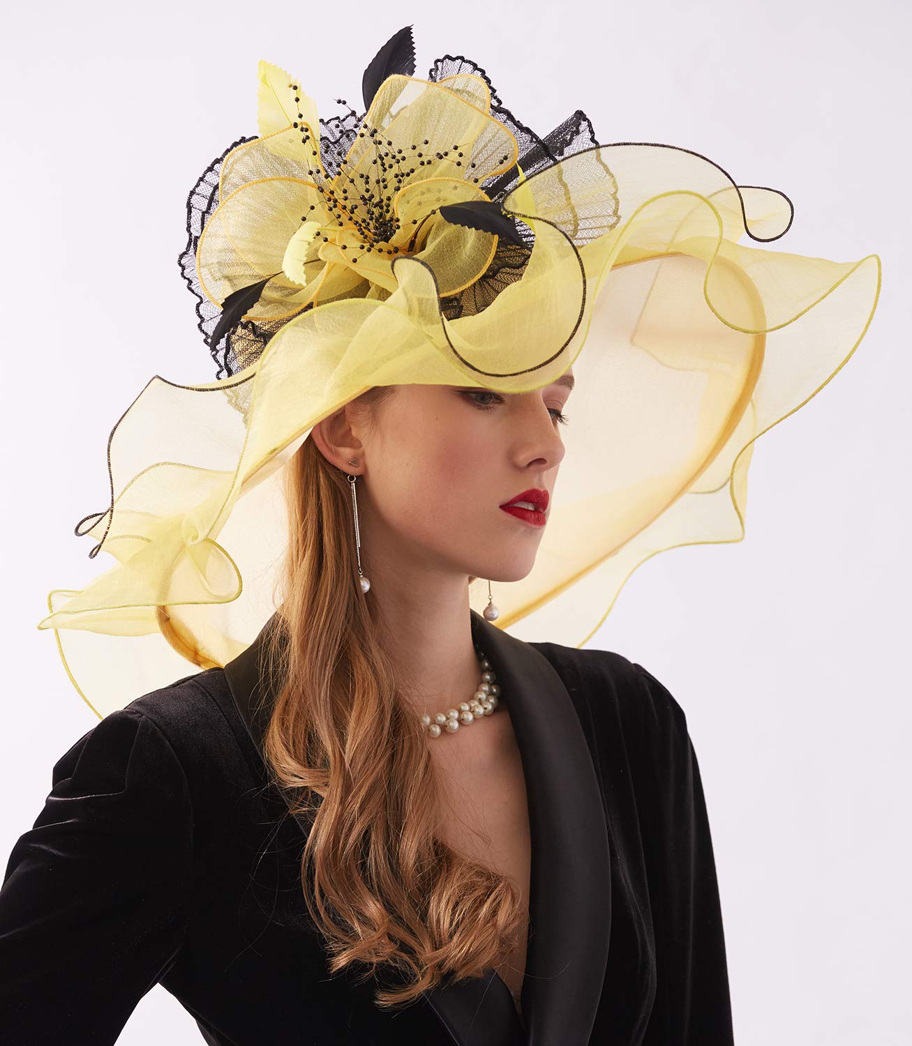 ORIDOOR Women Organza Fascinator Church Kentucky Derby Hat Floral Tea Party Wedding Hat, 003d Yellow, One Size