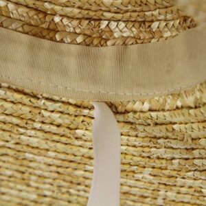 Jelord Women Vintage Boater Straw Hat Wide Brim Flat Top Floppy Derby Straw Hat Beach Sun Hats with Chin Strap Brim:18cm White