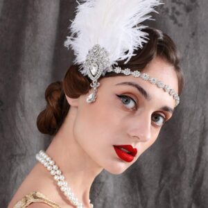 SWEETV 1920s Feather Headpiece Ivory, Womens Ostrich Feather Crystal Headband, Great Gatsby Hair Accessories for Women, Ribbon Tie