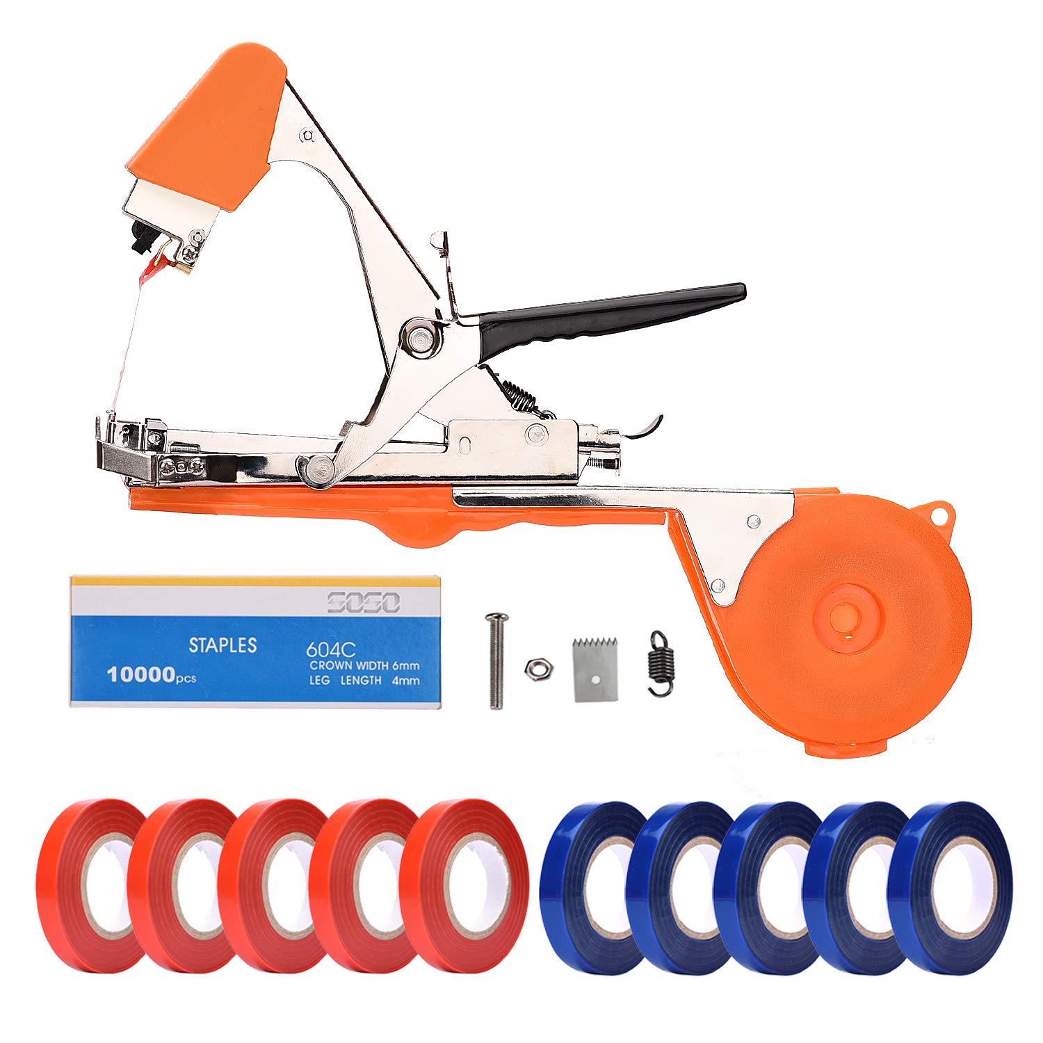 FUNTECK Plant Tying Machine to Tie Tomatoes Peppers and Cucumbers Quickly and Easily, Great for Gardeners Farmers, Including Spare Parts, Tapes and Staples, Orange