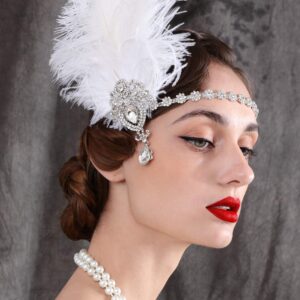 SWEETV 1920s Feather Headpiece Ivory, Womens Ostrich Feather Crystal Headband, Great Gatsby Hair Accessories for Women, Ribbon Tie