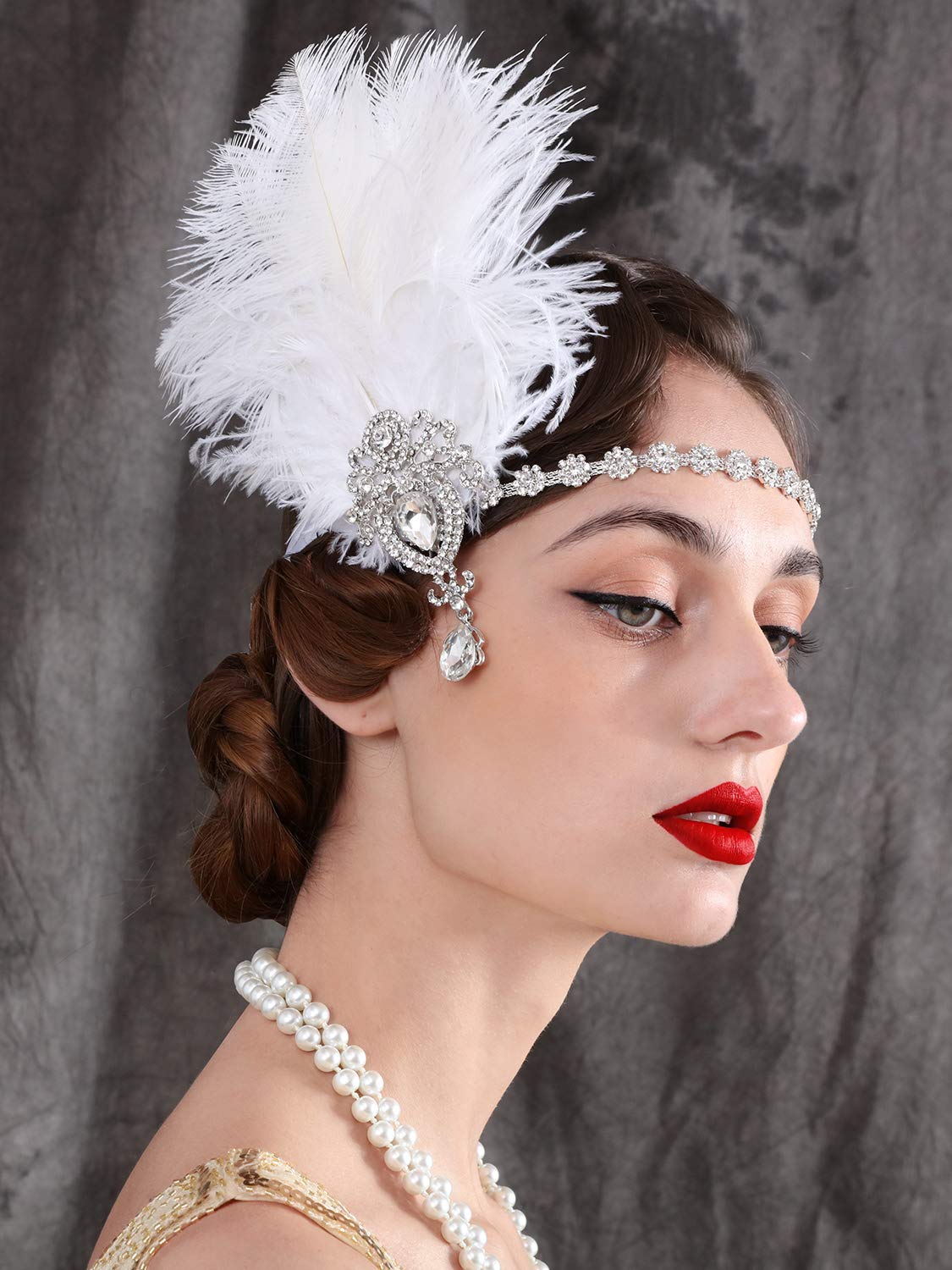 SWEETV 1920s Feather Headpiece Ivory, Womens Ostrich Feather Crystal Headband, Great Gatsby Hair Accessories for Women, Ribbon Tie