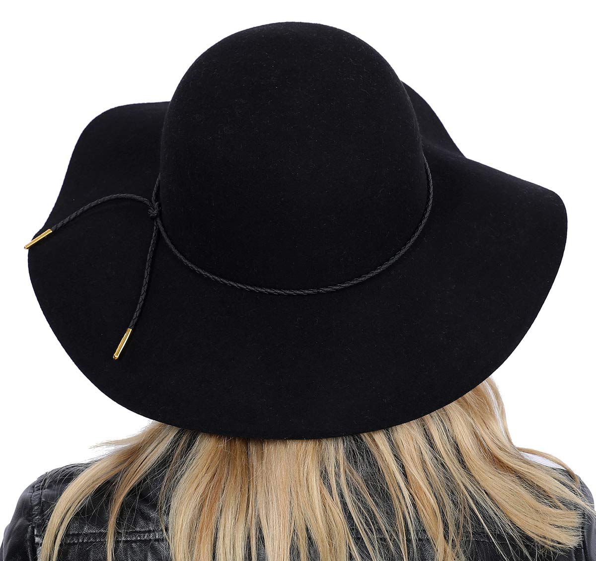 Lanzom Women Lady Retro Wide Brim Large Floppy Panama Hat Belt Wool Fedora Hat (A-Black, One Size)