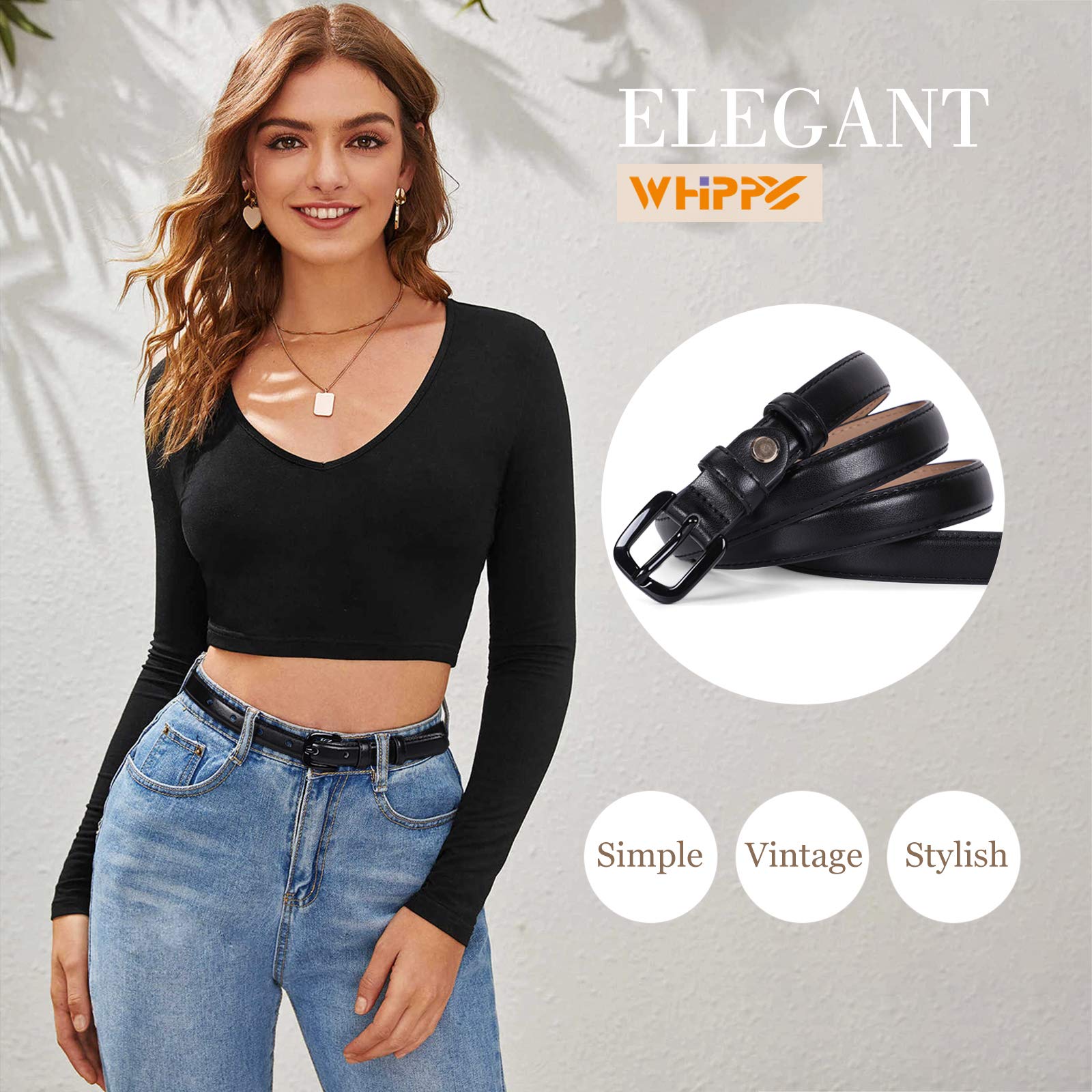 WHIPPY Women Skinny Leather Belt Thin Waist Jeans Belt for Pants in Pin Buckle Belt, Black, Pants Size 30-35 inches