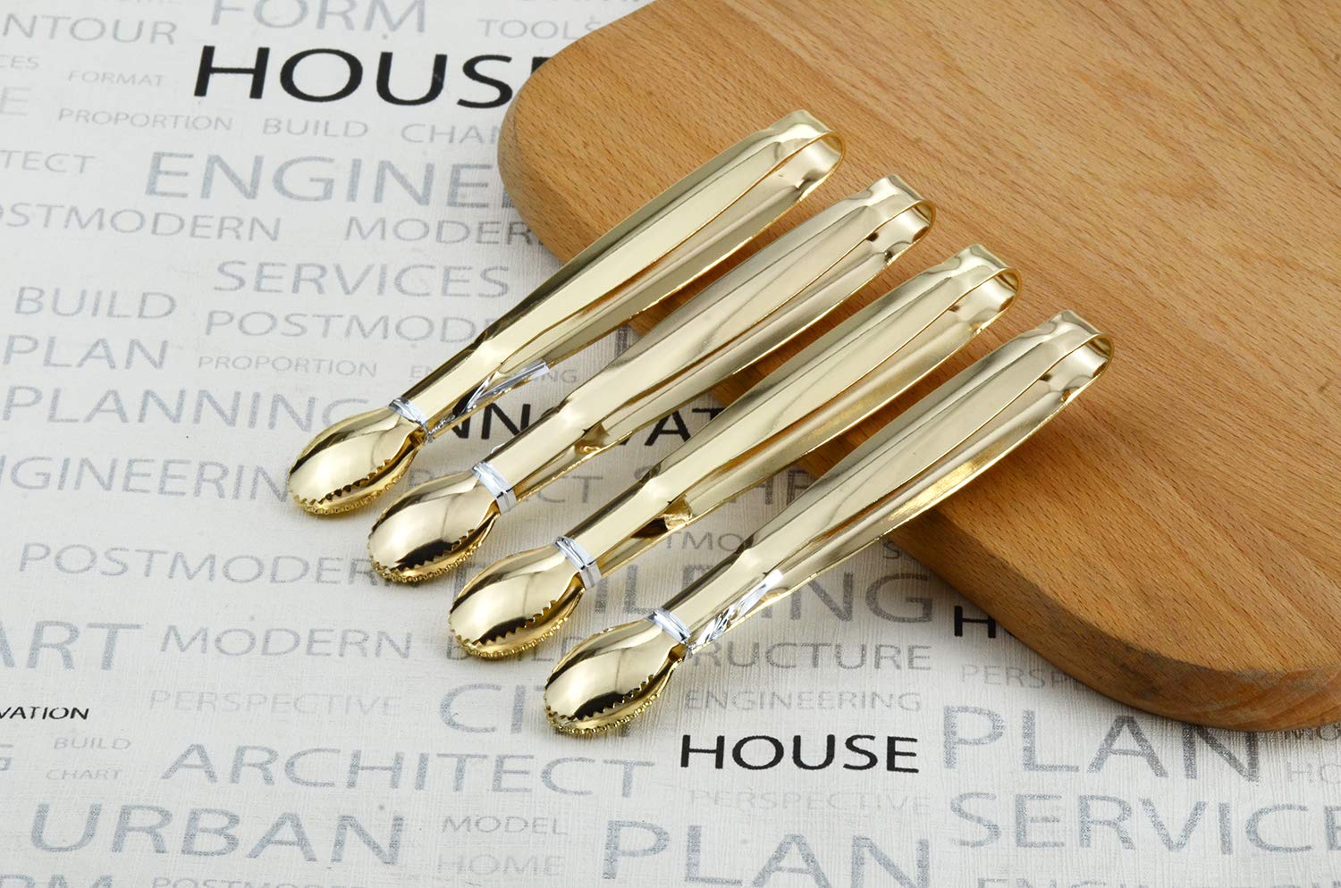 HINMAY Mini Serving Tongs 5 Inches Appetizer Tongs, Set of 4 (Gold)