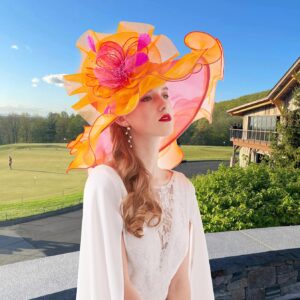 Z&X Women's Organza Church Fascinator Hair Clip Bridal Wedding Tea Party Hat Wide Brim Anti-UV Sun Hat Orange Rose