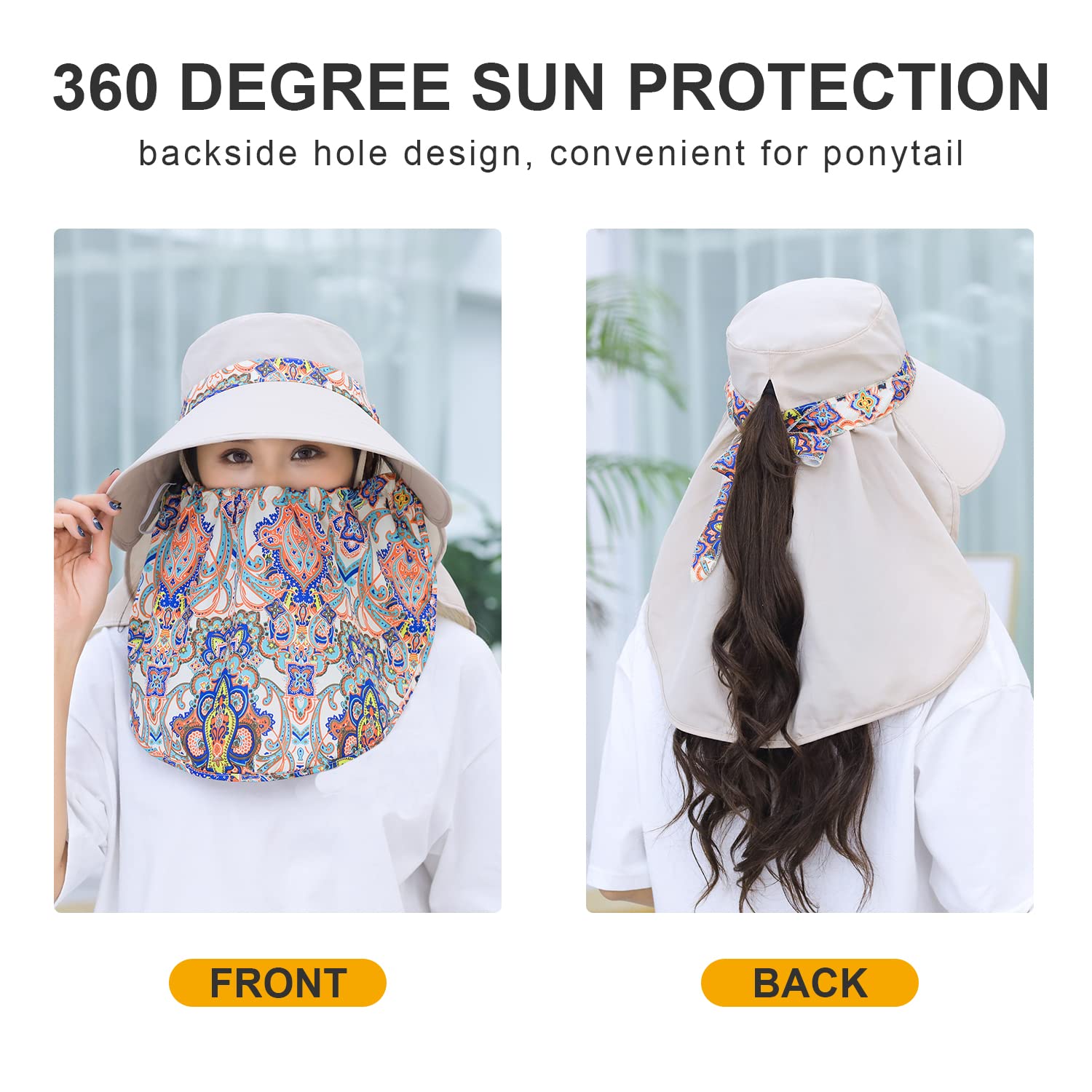 Women Sun Protection Hat Ponytail Neck Face Flap Cover Garden Summer Hats Travel Outdoor Fishing Visor Cap Chin Cord Sports M9099-mise