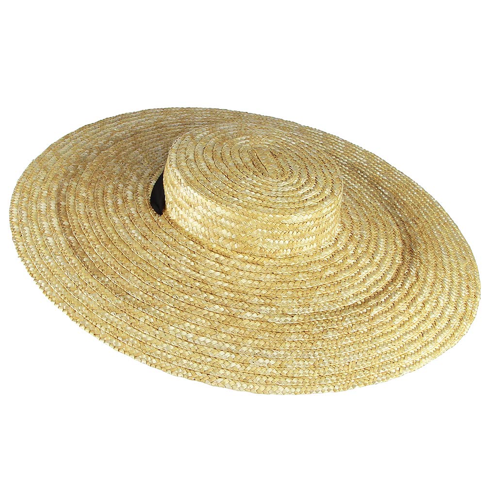 Jelord Women Vintage Boater Straw Hat Wide Brim Flat Top Floppy Derby Straw Hat Beach Sun Hats with Chin Strap Brim:12cm Beige