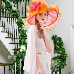 Z&X Women's Organza Church Fascinator Hair Clip Bridal Wedding Tea Party Hat Wide Brim Anti-UV Sun Hat Orange Rose