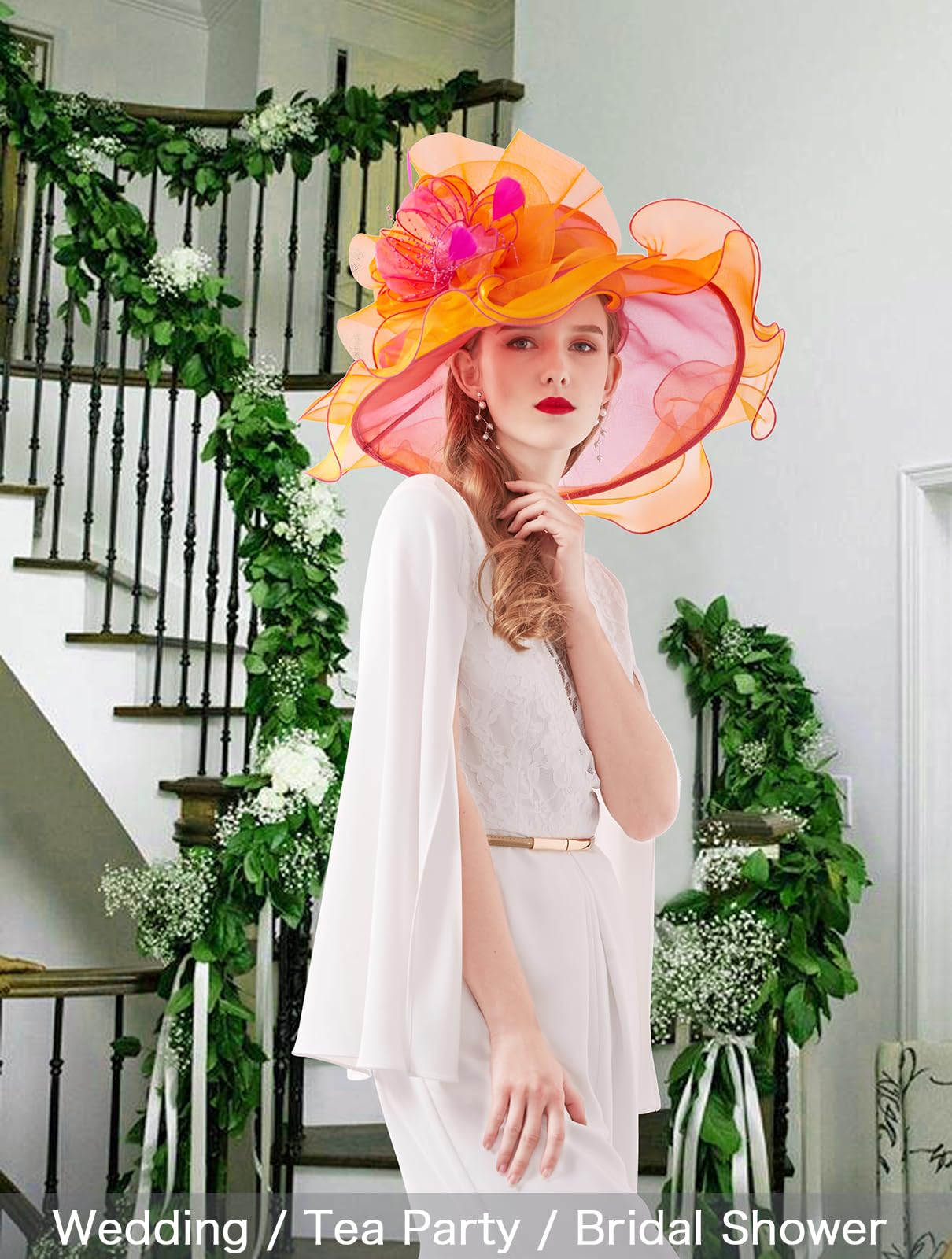 Z&X Women's Organza Church Fascinator Hair Clip Bridal Wedding Tea Party Hat Wide Brim Anti-UV Sun Hat Orange Rose