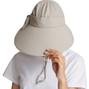 icolor Women Sun Cap Finshing Hats UPF+50 Detachable Face Mask Neck Flap Visor Wide Brim Sun Protection Hiking Hats Khaki