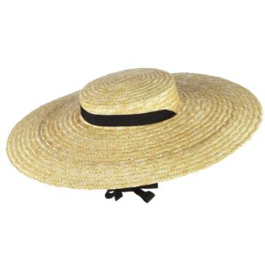 Jelord Women Vintage Boater Straw Hat Wide Brim Flat Top Floppy Derby Straw Hat Beach Sun Hats with Chin Strap Brim:12cm Beige