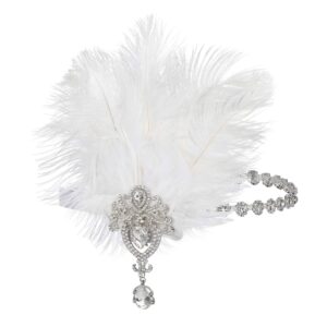 SWEETV 1920s Feather Headpiece Ivory, Womens Ostrich Feather Crystal Headband, Great Gatsby Hair Accessories for Women, Ribbon Tie