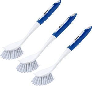 spogears dish brush 3 pack - dish scrubber brush with built-in scraper - kitchen brush for dishes - kitchen scrub brush with grip friendly handle - dish cleaning brush