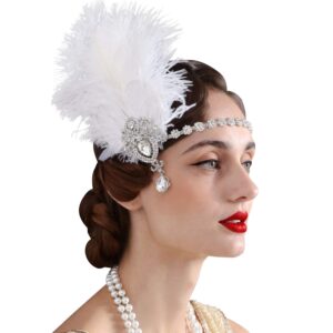 SWEETV 1920s Feather Headpiece Ivory, Womens Ostrich Feather Crystal Headband, Great Gatsby Hair Accessories for Women, Ribbon Tie