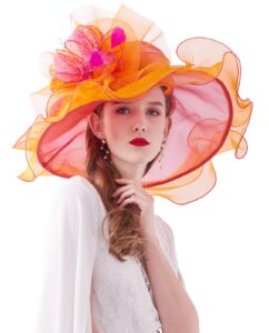 z&x women's organza church fascinator hair clip bridal wedding tea party hat wide brim anti-uv sun hat orange rose