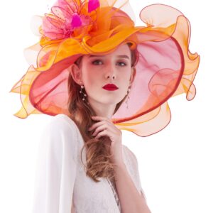 Z&X Women's Organza Church Fascinator Hair Clip Bridal Wedding Tea Party Hat Wide Brim Anti-UV Sun Hat Orange Rose