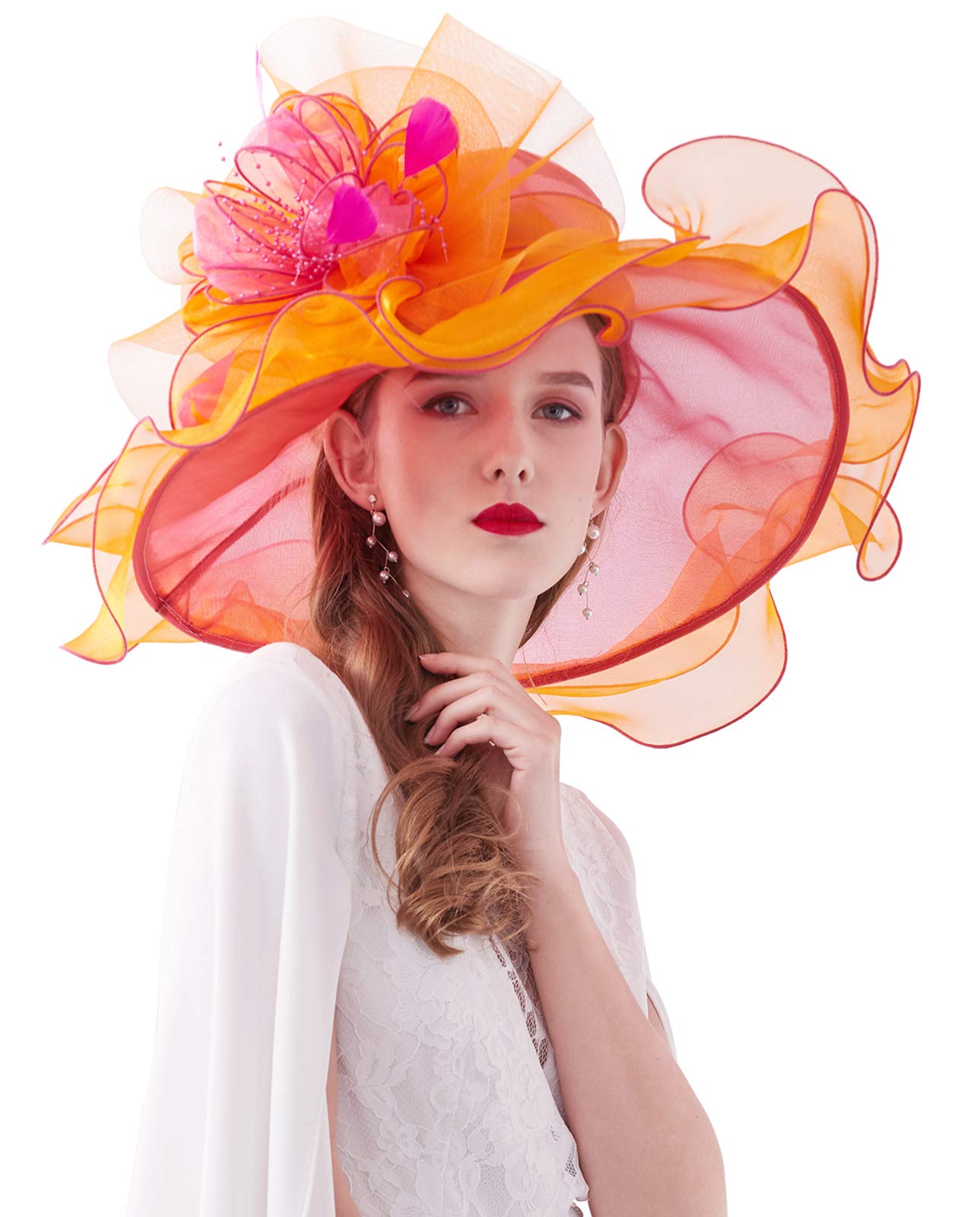 Z&X Women's Organza Church Fascinator Hair Clip Bridal Wedding Tea Party Hat Wide Brim Anti-UV Sun Hat Orange Rose