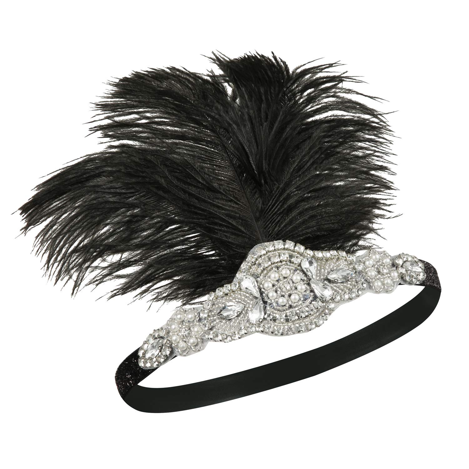 SWEETV 1920s Headpiece Flapper Headband, Rhinestone Feather Great Gatsby Headpiece Hair Accessories for Women (Black)