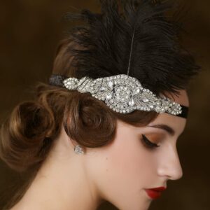 SWEETV 1920s Headpiece Flapper Headband, Rhinestone Feather Great Gatsby Headpiece Hair Accessories for Women (Black)