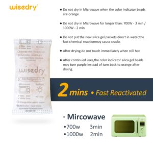 wisedry 50 Gram [10 Packs] Silica Gel Packets Microwave Fast Reactivate Desiccan Packs with Indicating Beads