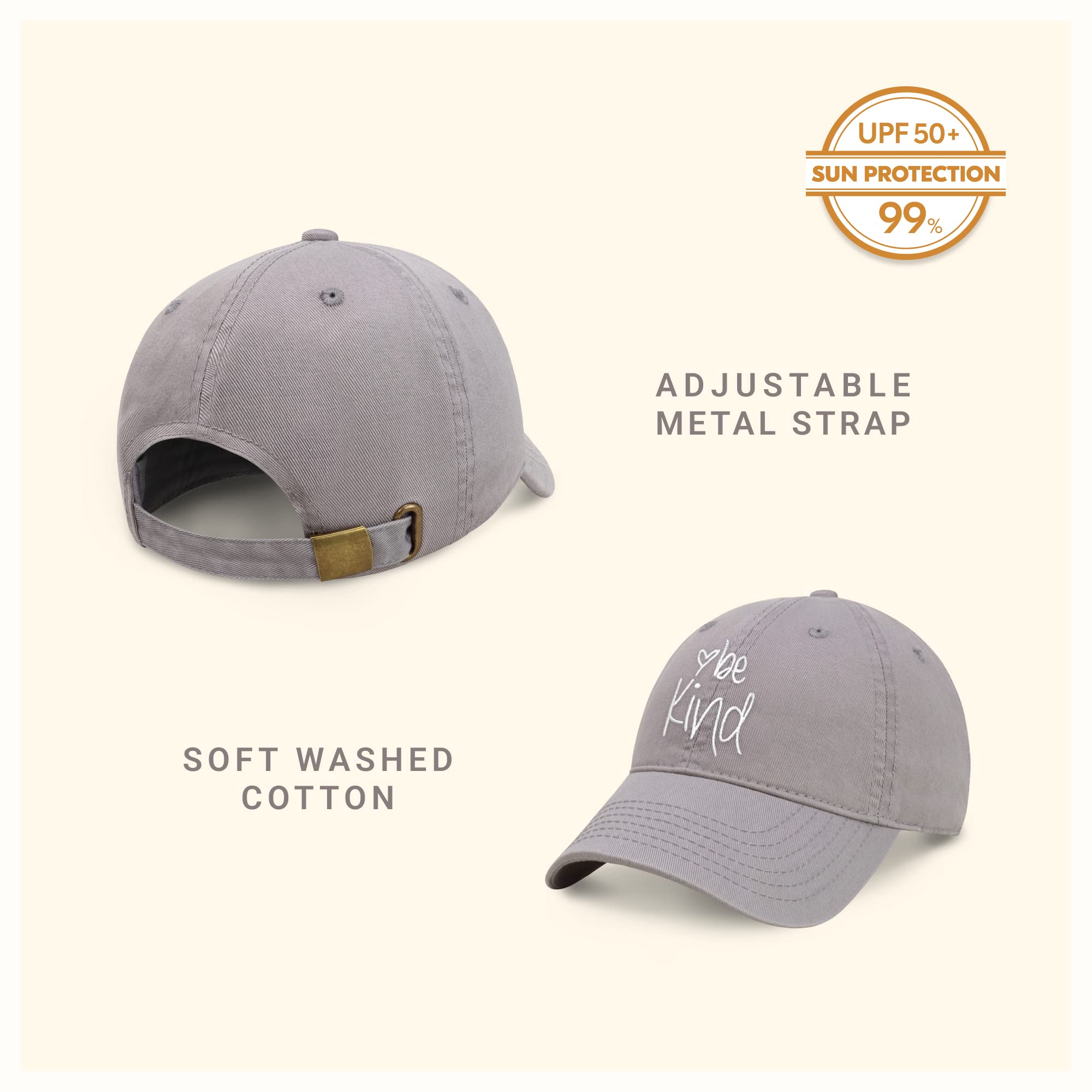 CHOK.LIDS Be Kind Trendy Womens Baseball Cap Unisex Fashion Cotton Polo Style Fun Inspirational Saying Seasonal Headwear (Light Grey)