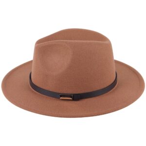 Lanzom Women Lady Retro Wide Brim Floppy Panama Hat Belt Buckle Wool Fedora Hat Fit Size 6 8/7-7 1/4 (01-Khaki, One Size)